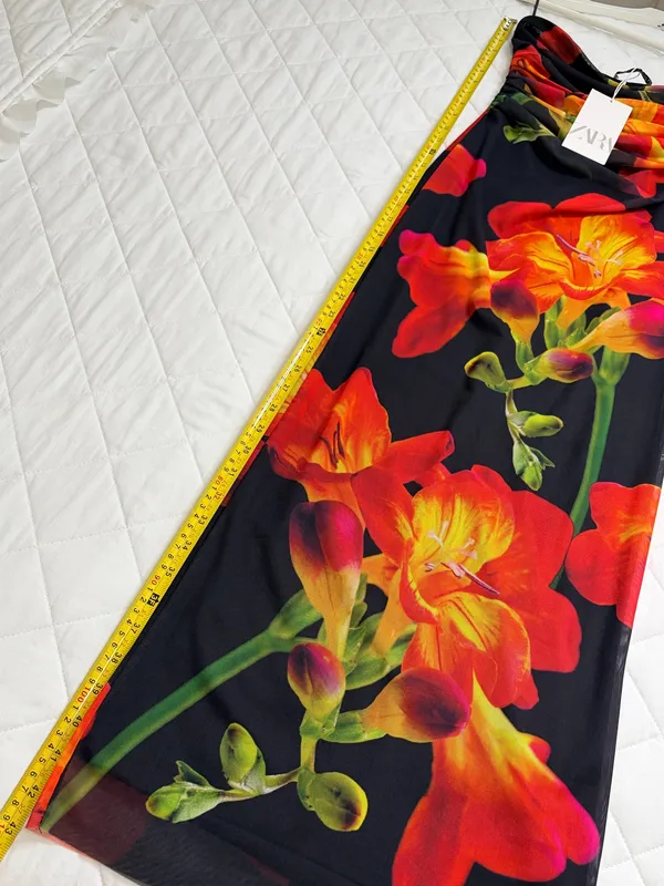 Zara Floral Strapless Bodycon Midi Dress Black Red Orange Summer Date Night S - Image 5