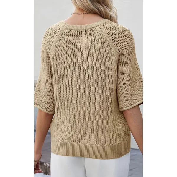 Saodimallsu Women's Short Sleeve Crew Neck Knit Pullover Sweater Khaki S - Image 3