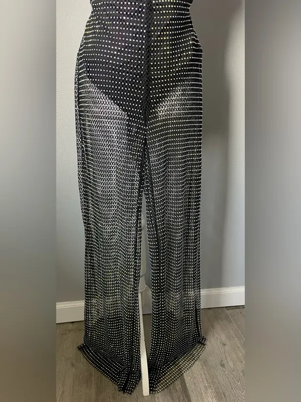 PRIVY Black Sheer Mesh Wide Leg Pants Rhinestone Crystal Fishnet - Image 4