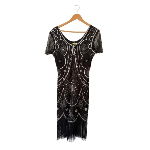 Yessa Flapper Dress Women L Black NEW 1920s Gatsby Sequin Fringe Art Deco Party - Image 4