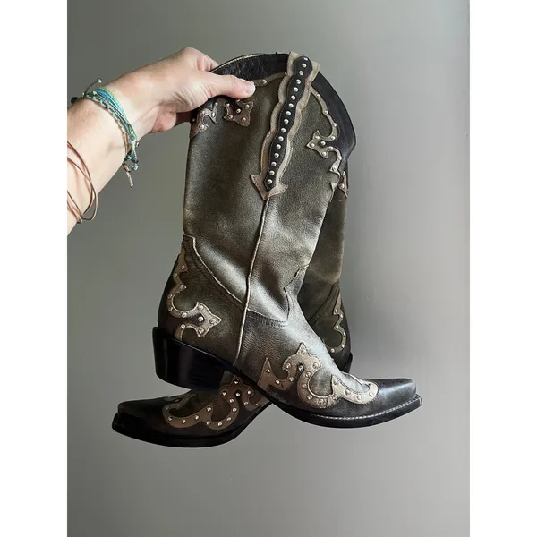 Gianni Bini Distressed Western Cowboy Boots 7.5 (fit like 6) Brown Leather Studded Rodeo Edgy - Image 8