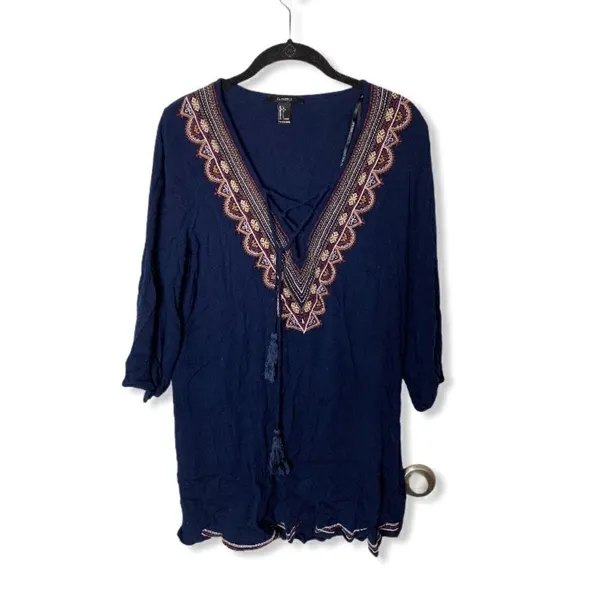 Forever 21 Navy Boho Embroidered Tunic Blouse – Lace-Up Front Top, Size L - Image 2