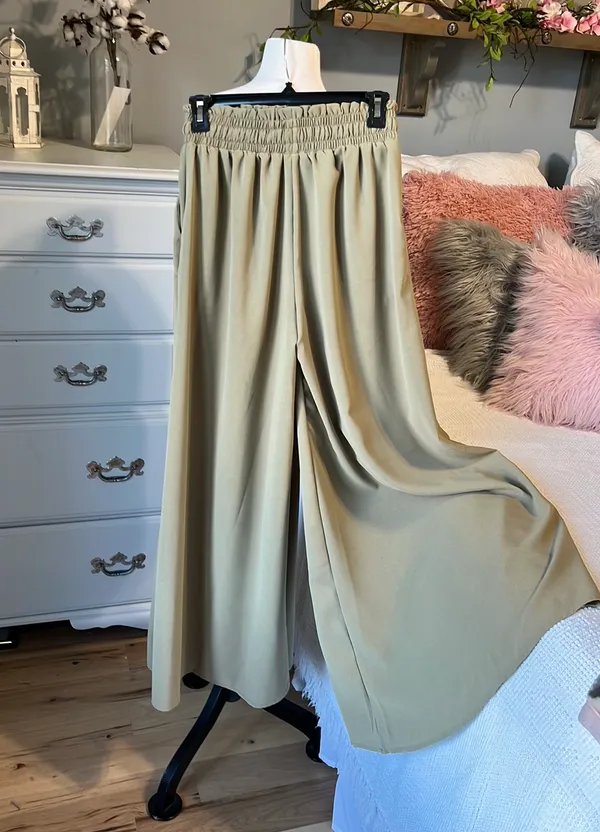 High Waist Wide Leg Palazzo Culottes Loose Pants Womens Small Olive Green Tan - Image 12