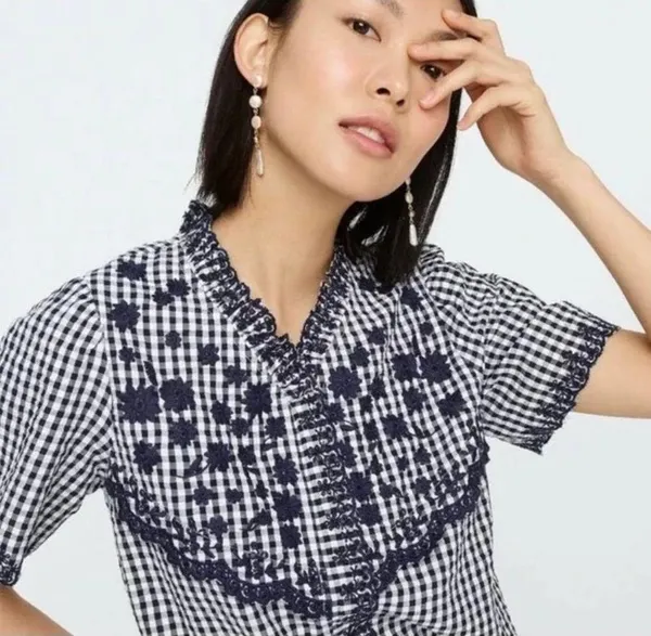 J.Crew Embroidered Indigo Crinkled Gingham Short Sleeve Navy White Top Cotton XS - Image 3