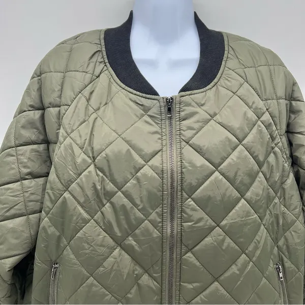 Zeagoo Women’s Green Khaki Quilted Bomber Jacket Black Bibbed neck Trim/Cuffs-L - Image 2