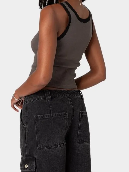 Edikted Alix Lacey Ribbed‎ Gray Scoop Crop Black Lace Trim Tank Top - Image 3