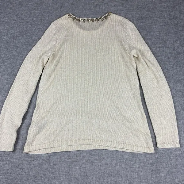 J McLaughlin Sweater Womens M White Jeweled Crew Neck Tight-Knit Pullover - Image 7