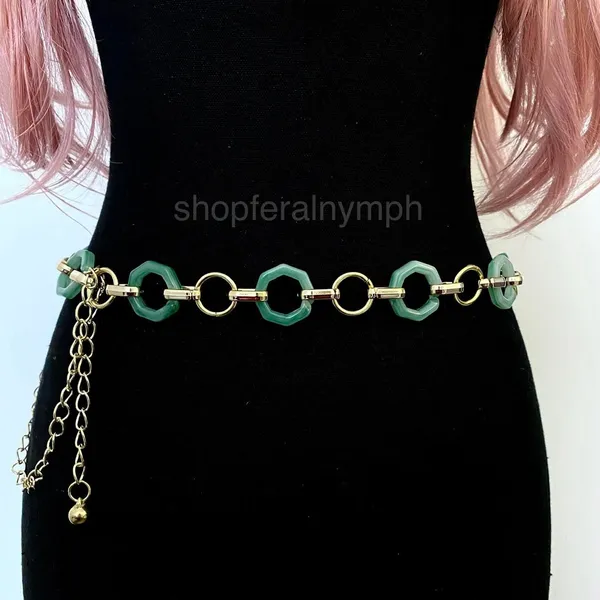 Gold Y2K Green Marbled Hexagon Open Ring Chain Belt, Fits 21-43 Inches, X7GA1356 - Image 3