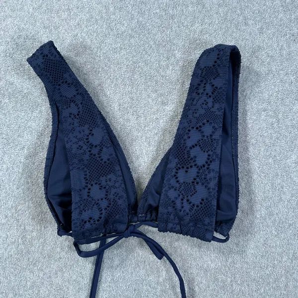 Aerie Floral Lace Bikini Swim Top Size Medium Navy Blue Tie Close V-Neck Beach - Image 3