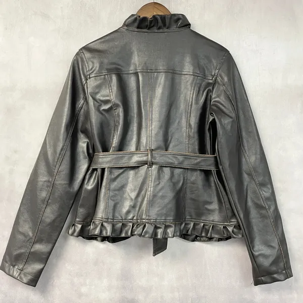 Wet Seal Womens Faux Leather Jacket XL Brown Ruffle Belted Y2K 2000s McBling - Image 2
