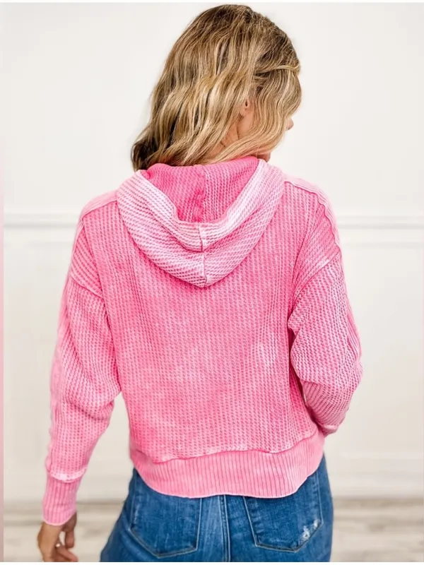Zenana Acid Wash Cotton Waffle Hooded Zip-Up Jacket bright pink S - Image 4