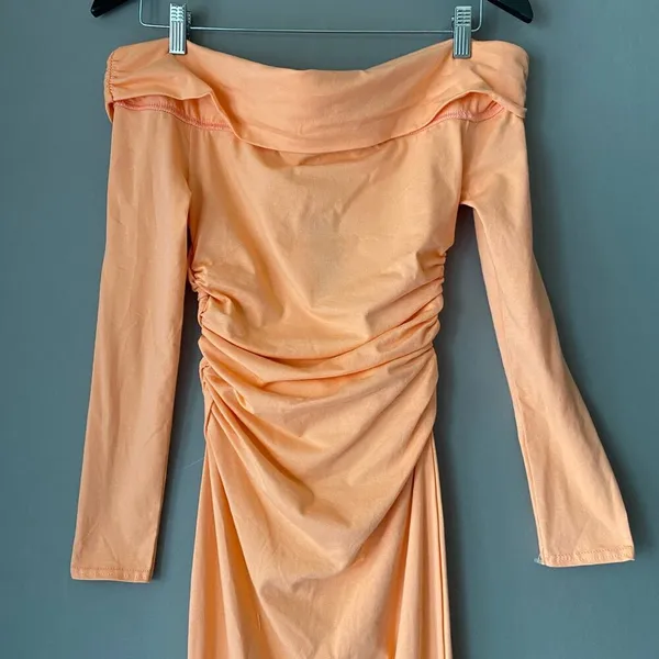 Boohoo‎ Cotton Coastal Beachy Clean Girl Ruched Bardot Maxi Dress 4 Orange - Image 2