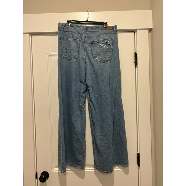 American Eagle Super High Rise Baggy Wide Leg Jeans Blue Raw Hem Size 12 Regular - Image 4