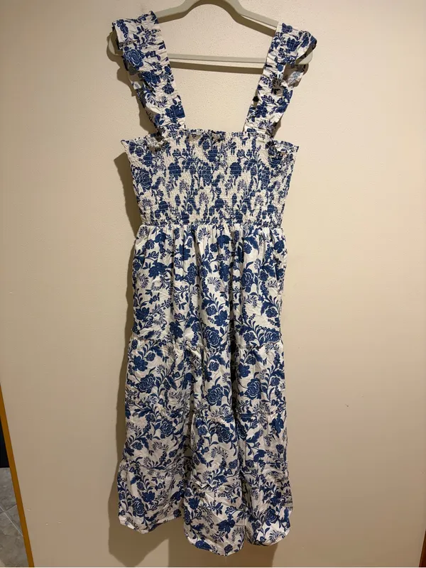 Quince Riviera Blue Heirloom Floral Cotton Poplin Smocked Tiered Midi Dress L - Image 6