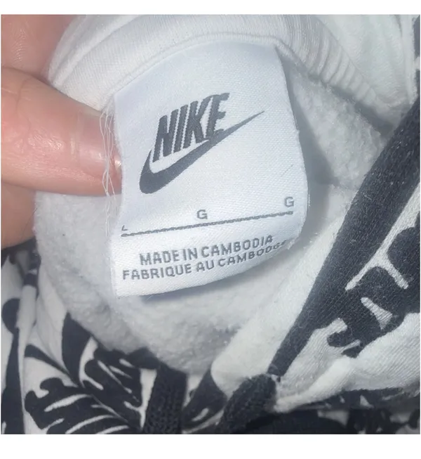 Nike White/Black Fleece Pullover Hoodie Graphic Logo Drawstring Pockets Men L - Image 2