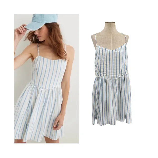 Aerie Love Of Linen Stripe Mini Dress Smocked Back Blue White NWT‎ XL - Image 2