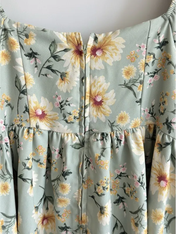 Altar’d State Floral Babydoll Mini Dress Puff Sleeve Sage Green Medium - Image 5