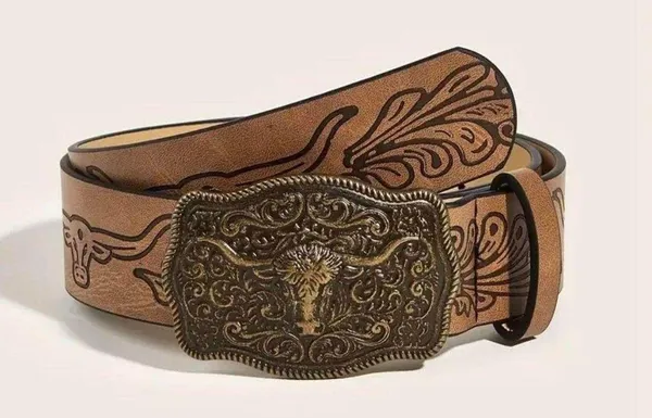 Western Style Bull Head Buckle Unisex Belt Vintage Embossed - Image 4