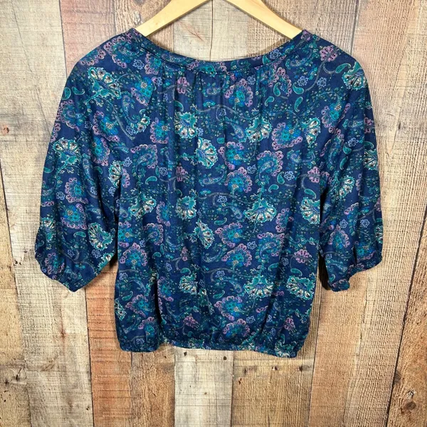 Blue Purple Paisley Peasant Blouse 3/4 Sleeve Boho Top Cottagecore Elastic Hem - Image 6