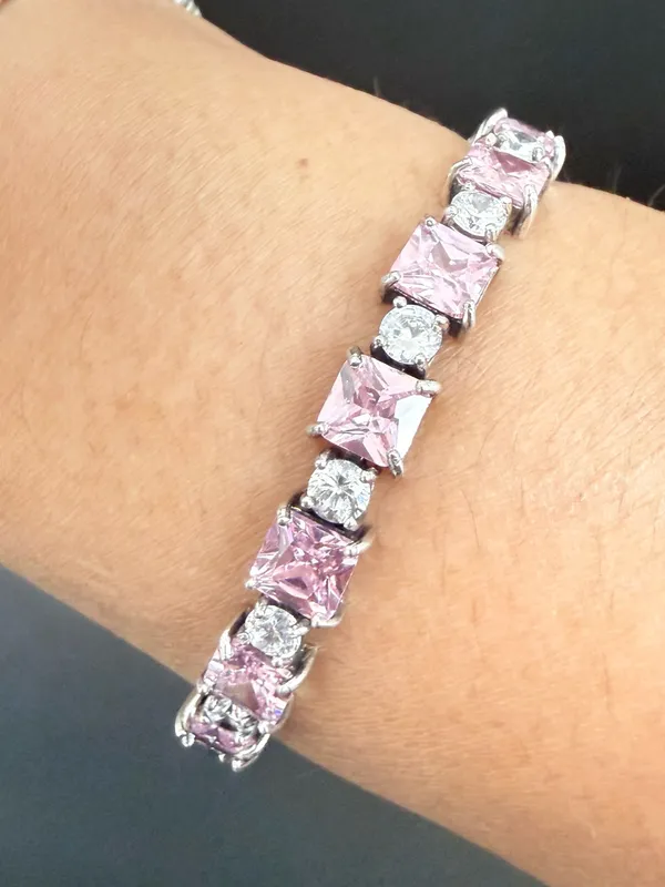Vintage 925 Sterling Silver Princess Cut Pink CZ & Clear Round Tennis Bracelet - Image 4