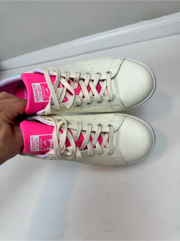 Adidas Stan Smith Sneakers Lace Up Cream White Pink Mint 10.5 - Image 3