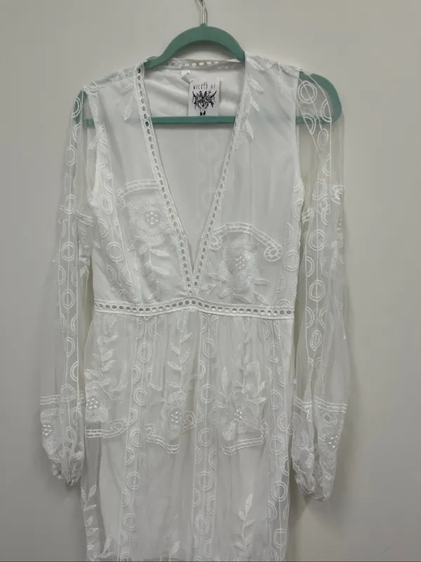 New with tags Wicked AF White Sheer Dress with Embroidered Trim Size M - Image 2