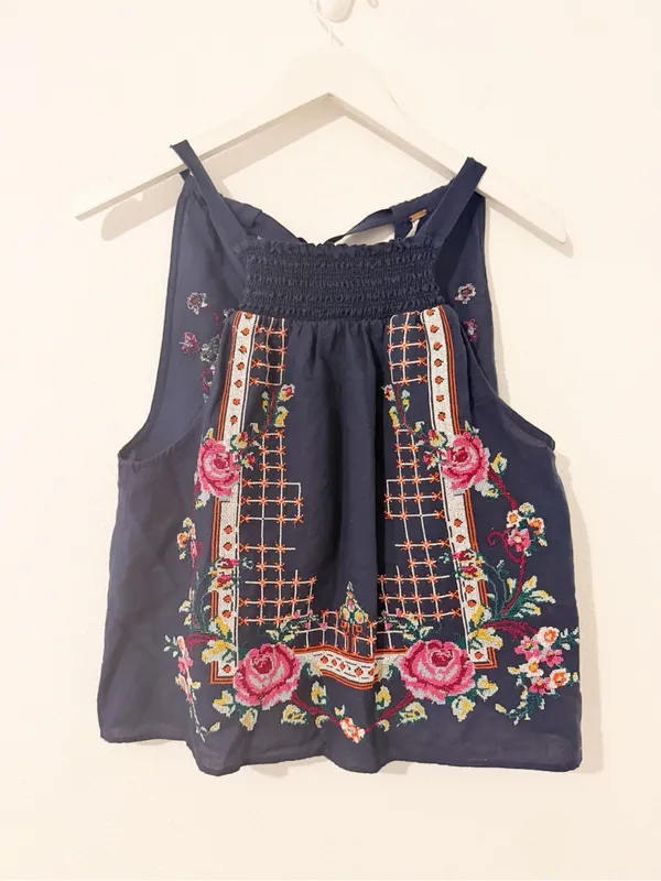 Free People Honey Pie Embroidered Floral Tank Top Blue Size Medium M - Image 3