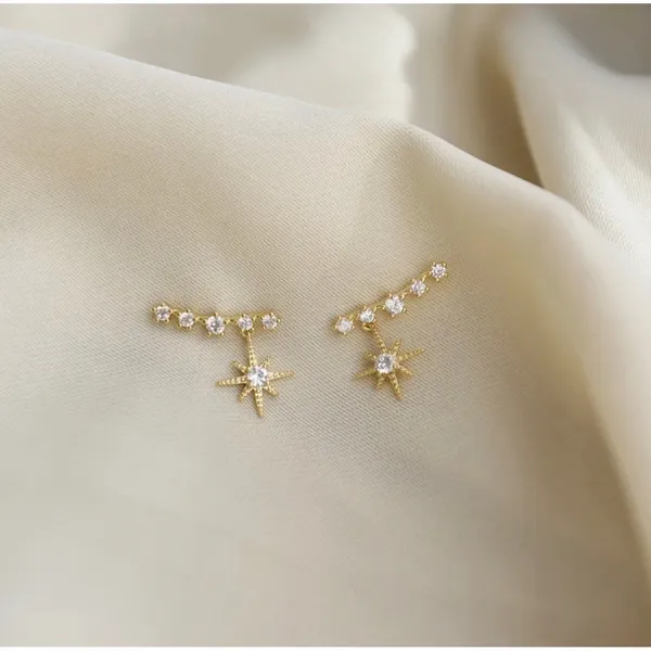 Gold Starburst CZ Drop‎ Earrings Dainty Celestial Earrings New - Image 3