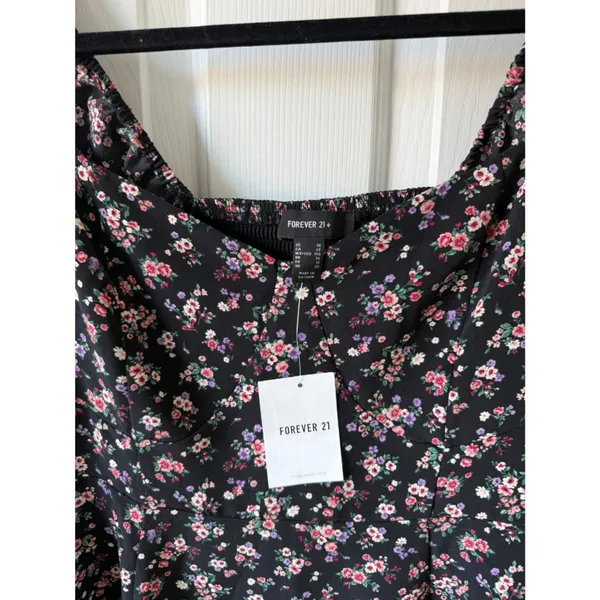 Forever‎ 21+ Floral Smocked Mini Dress 1X Black Long Sleeve Square Neck NWT - Image 5