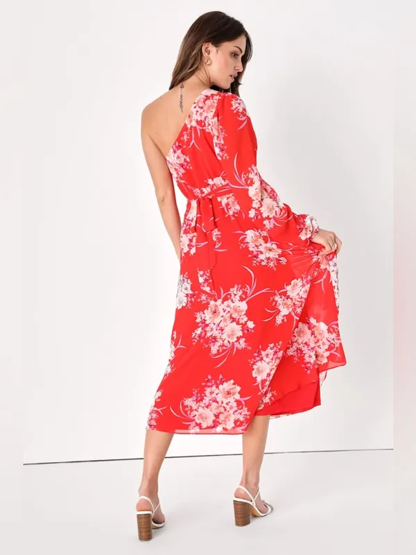 NEW Lulus Brunch Besties Red Floral One Shoulder Midi‎ Graduation Wedding Dress - Image 7