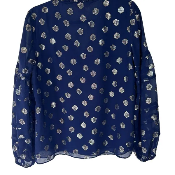 Lilly Pulitzer Giana Silk Top Navy and Gold V Neck Balloon Puff Long Sleeve SZ S - Image 3