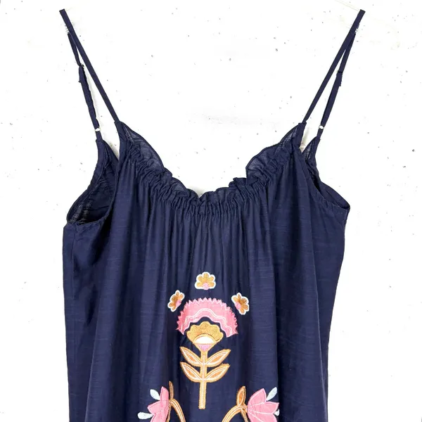 Anthropologie Malika Embroidered Dress Low Scoop Back Ruffle Hem Navy Blue XS - Image 13