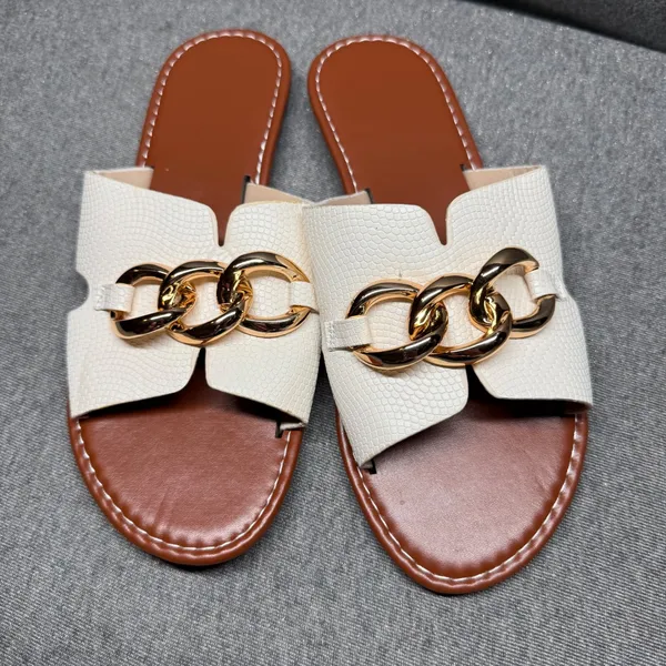 Chic Chain Slide Sandals Slip On Flat Summer Cream Tan Unbranded‎ Size 41 - Image 2
