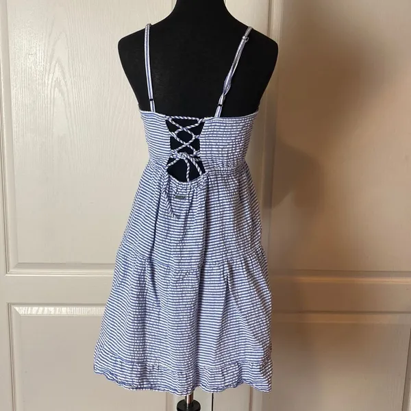 Blue Mini Stripe Nautical Lace Up Back Tiered Cami Dress - Image 2