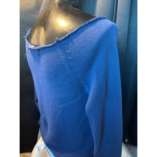 Lands End Drifter Womens XL Blue Cable Knit Cotton Sweater Raw Neck Distressed - Image 3