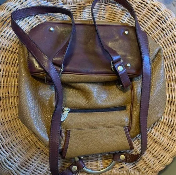 Valentina Italian Genuine Pebbled Brown Leather Drawstring Backpack Tan - Image 2