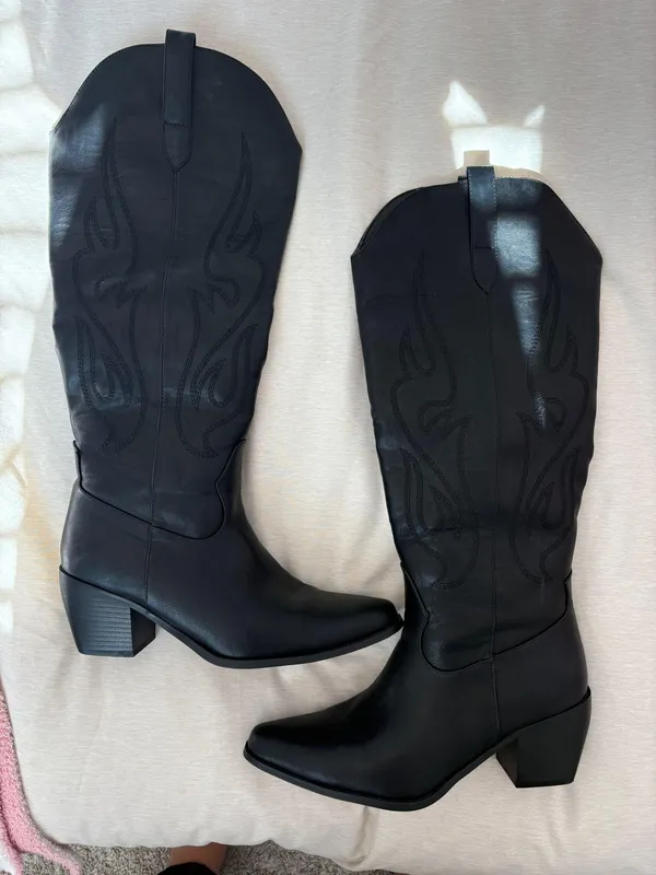 Amazon Black Pointed Toe Knee High Cowboy Boots - Image 5