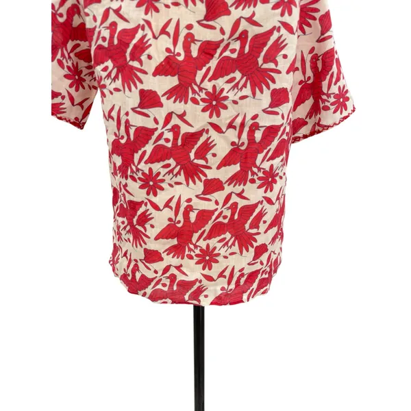 Nimo With Love Linen Bird Print Ruffle Neck Blouse‎ Red Cream Size XS - Image 8