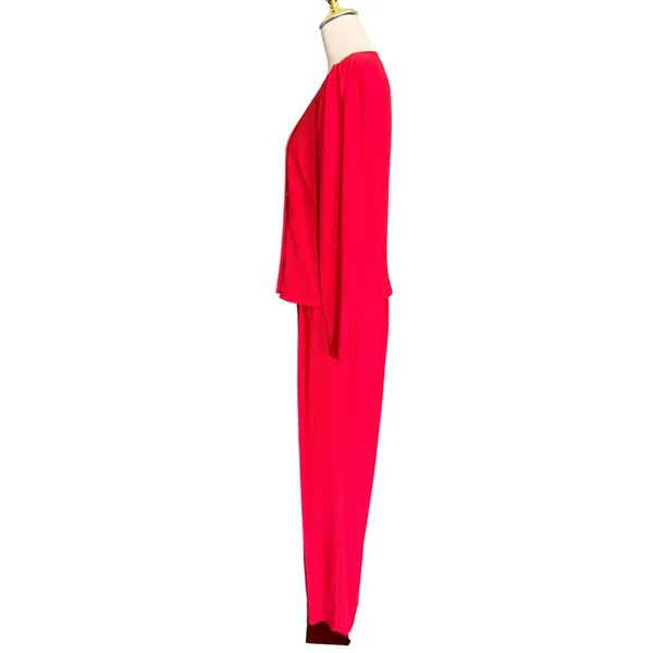 Vintage Red 2 Piece Pant Suit‎ Asymmetrical Button Blazer Pleated Trousers 1980s - Image 7