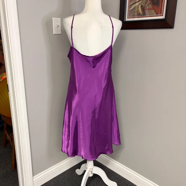 Purple Satin Mesh Lace Trim Chemise Nightgown Lingerie Slip Dress Purple - Image 5