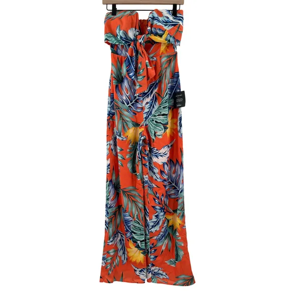 LULU'S Jumpsuit Extra Small Luxe Luau Orange Tropical Floral NWT Strapless Beach - Image 2