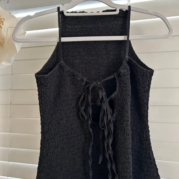 Free People Lyla Black Smocked Mini Dress Lace Up Open Back Y2K Size M - Image 2