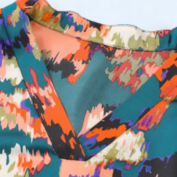 NEW Deep Turquoise Abstract Multicolor Print Belted Ruffle Satin Mini Dress - Image 13