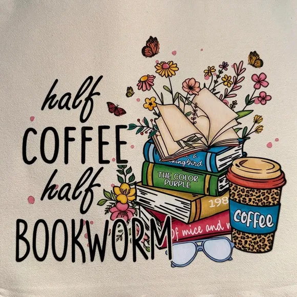 Canvas book tote reusable bookworm coffee addict NEW handmade gift - Image 2