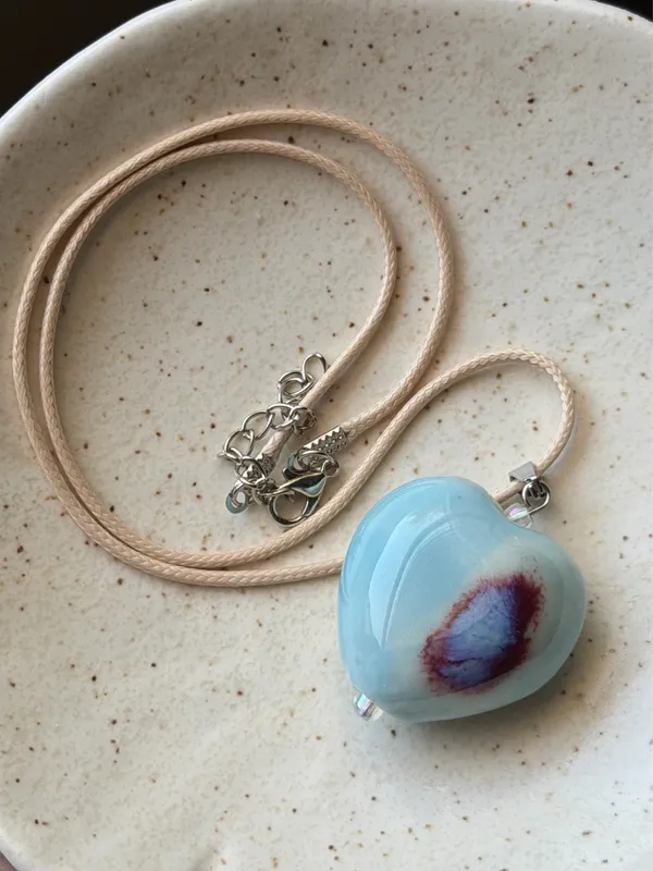 Handmade chunky large heart ceramic bead cute fairy boho whimsy necklace🩵 - Image 4