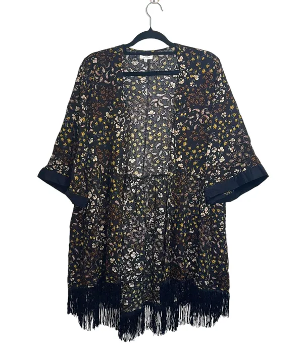 Maurices Black Multicolor Paisley Floral Print Fringe Hem Kimono - Image 2
