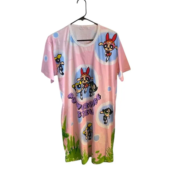 Powerpuff Girls Pink lady Vintage 90s Cotton T-shirt dress Graphic Tee Dress - Image 4