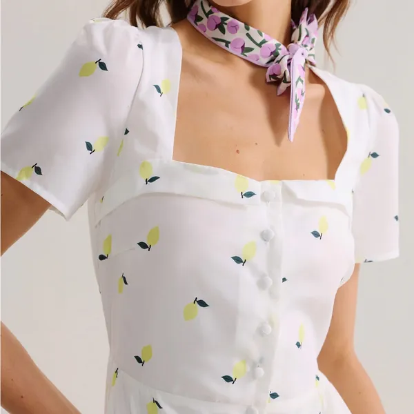 Rihoas White Lemon Fruit Square Neck Midi Dress - Image 3