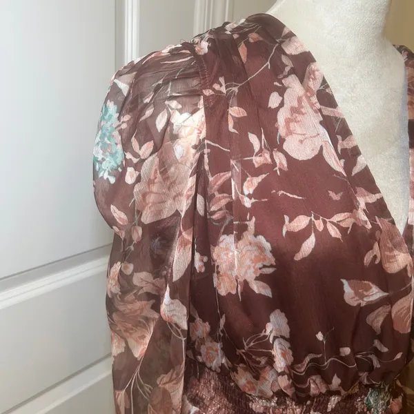 On Twelfth Brown Floral Smocked Peplum Top Long Sleeve V-Neck Large cottage boho - Image 2