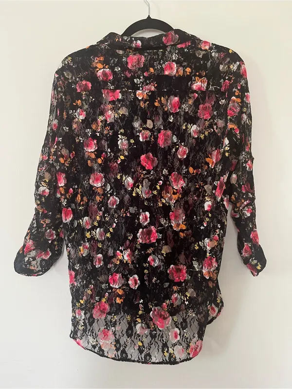 Black Pink Floral Lace Sheer Button Up Top Large Romantic Cottagecore Boho - Image 4